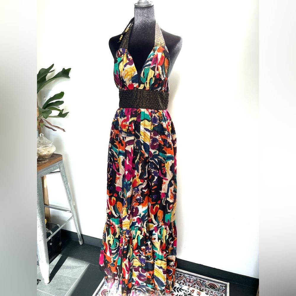 French Connection, halter maxi dress,  metallic thread and beads, size 6US